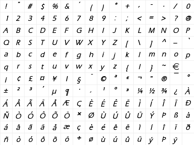 Eric BoldItalic  glyph index