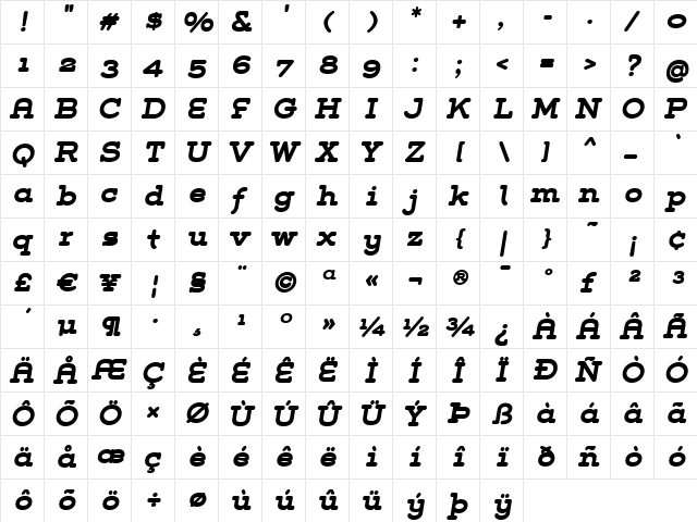 Grover Slab Bold Italic  glyph index