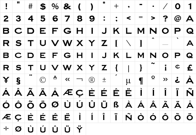 Beaconsfield Bold Regular  glyph index