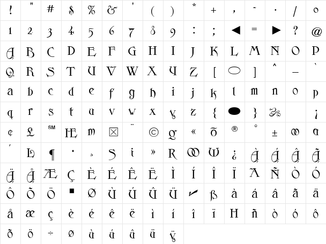 Skjald Regular  glyph index
