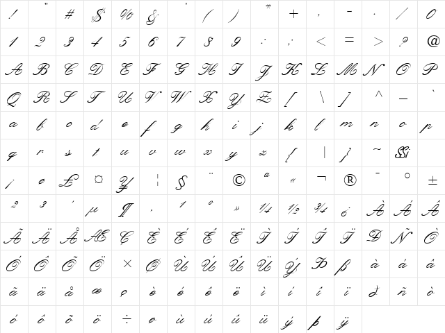 Quill Script SSi Regular  glyph index