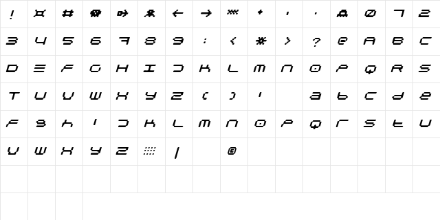 PixelpackItalic Regular  glyph index