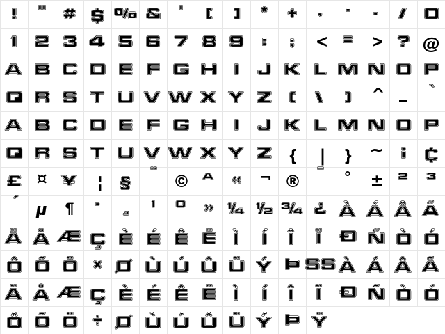 Millenium Bold Extended  glyph index