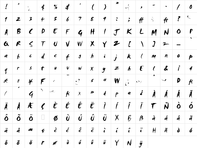 Smudger LET Regular  glyph index