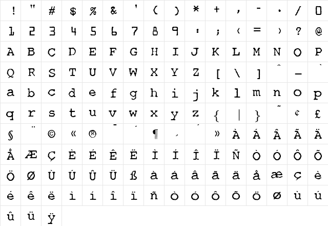 OPTITypewriter Regular  glyph index