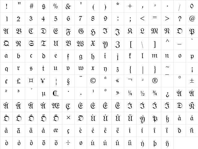 Wittenberger Fraktur MT Regular  glyph index