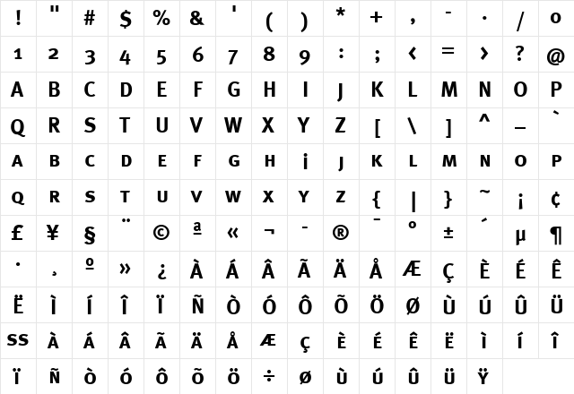 MetaBoldTurk Bold  glyph index