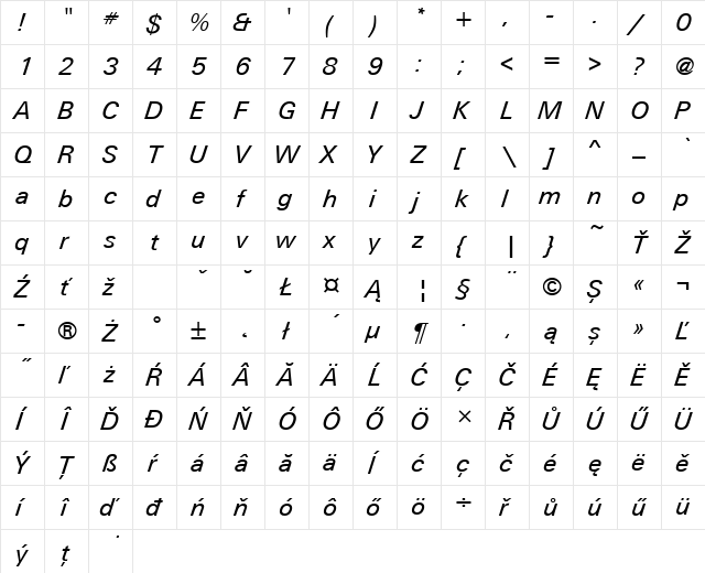 UnitusTEE Italic  glyph index