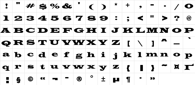 AZLatinWideC Regular  glyph index