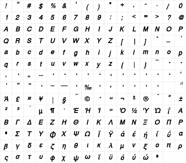 SwissGk Bold Italic  glyph index