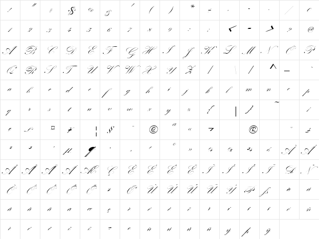 Check Quill Script Ssk Regular  glyph index