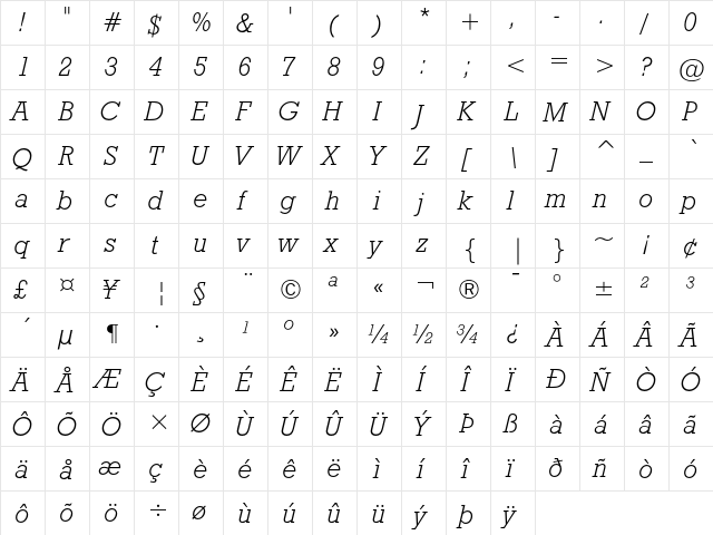 Geometric Slabserif 712 Light Italic  glyph index