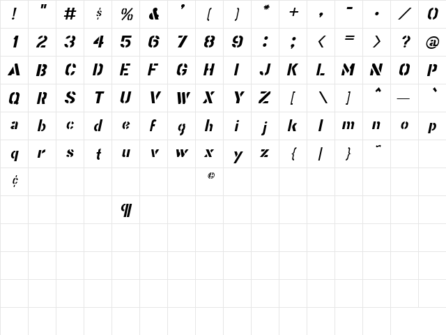 Stencil Gothic Italic JL Regular  glyph index