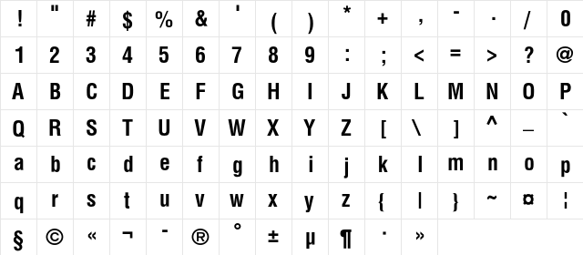AGLettericaCondensedC Bold  glyph index