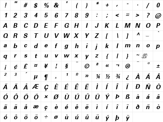 Nova SSi Bold Italic  glyph index