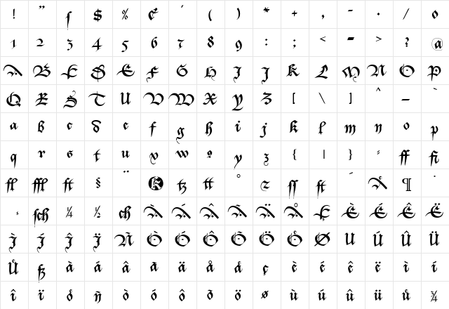 Bastarda-K Regular  glyph index