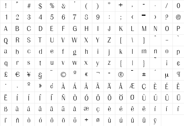 JesseBecker-ExtraLight Regular  glyph index
