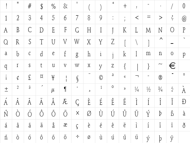 SchroederCondensed Normal  glyph index