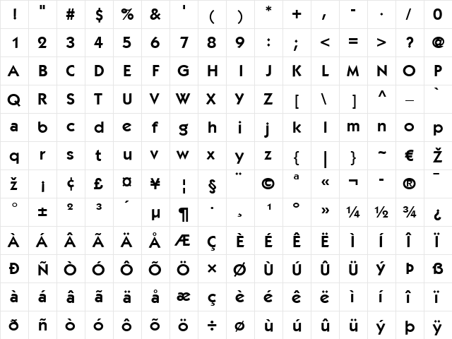 ITCKabel LT Book Bold  glyph index