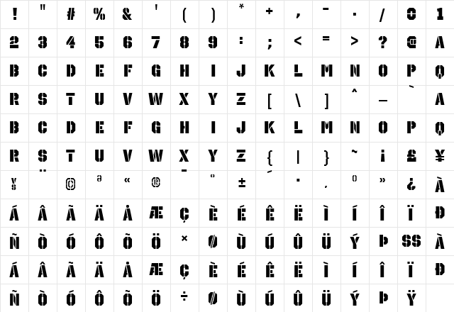 Octin Stencil Black  glyph index