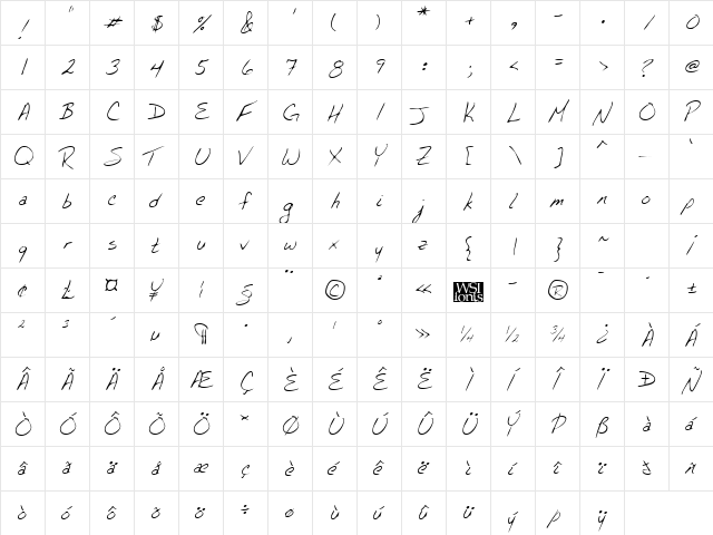 ChicksHand Regular  glyph index