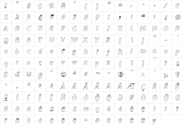 AlexanderBeckerOutline Bold Italic  glyph index