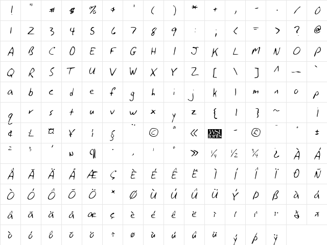 GinosHand Regular  glyph index