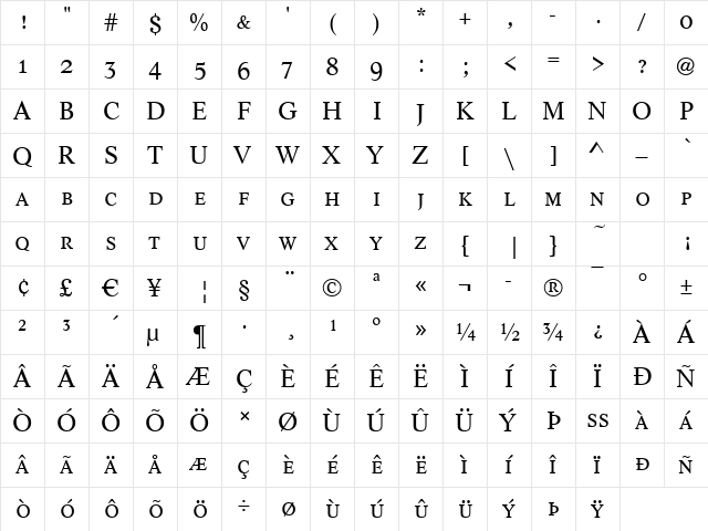 Lyon-Caps Regular  glyph index