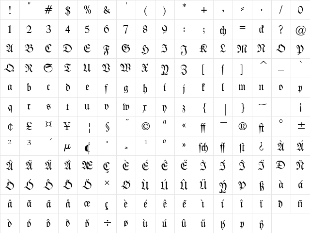 Kleist-Fraktur Regular  glyph index