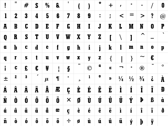 Stymie XBdCn BT Extra Bold  glyph index