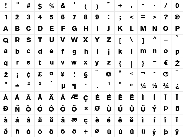 BasicCommercial LT Roman Bold  glyph index