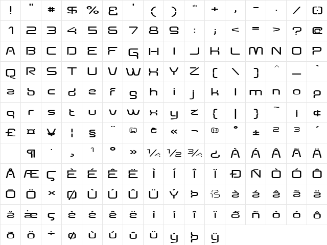 Aunchanted Expanded Bold Regular  glyph index