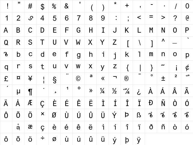 Arial Monospaced MT Regular  glyph index