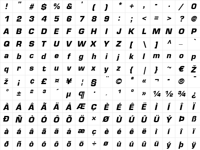 Eurostile LT Bold Italic  glyph index