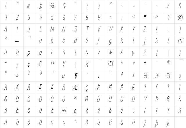 PF Din Text Comp Pro Extra Thin Italic  glyph index