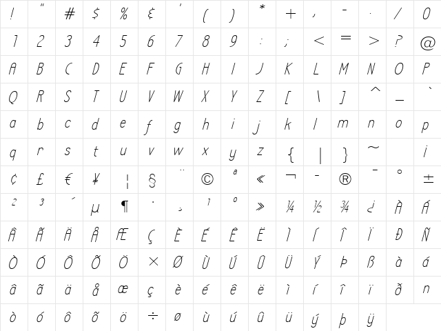 LA Headlights BTN Lt Italic  glyph index
