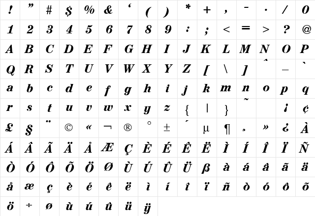 AugustMediumDB BoldItalic  glyph index