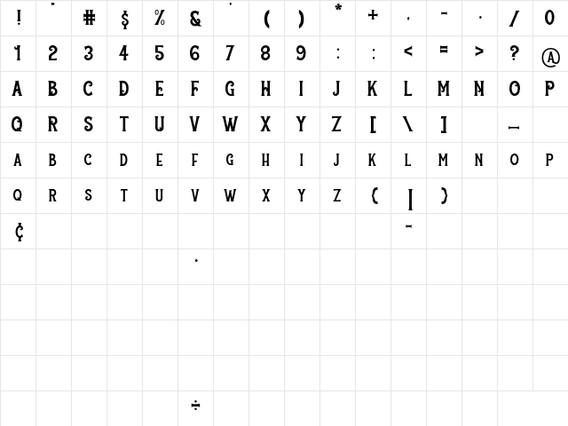 Rocket-Vintage Bold  glyph index