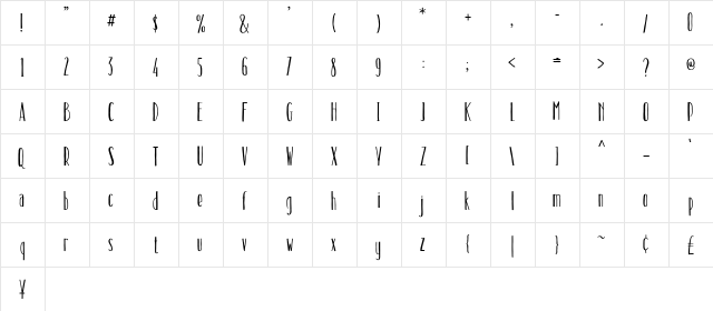 Hinterland Regular  glyph index