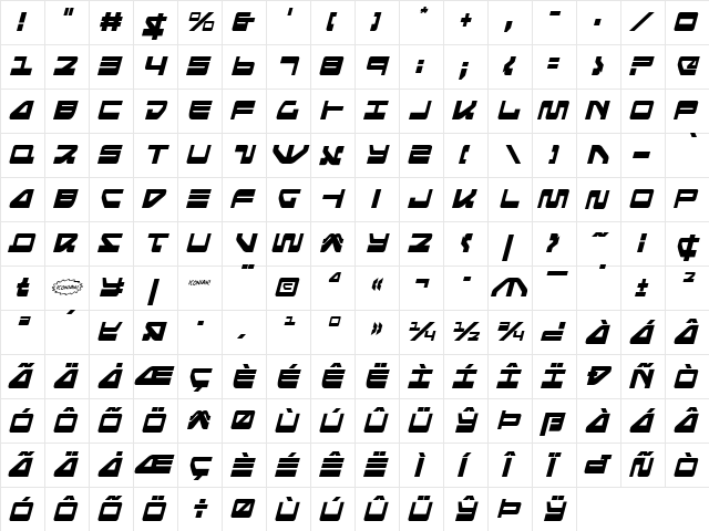 Searider Falcon Condensed Italic Condensed Italic  glyph index