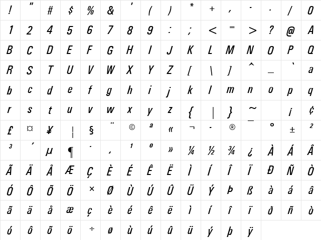 MilkyWay Cond Italic Regular  glyph index