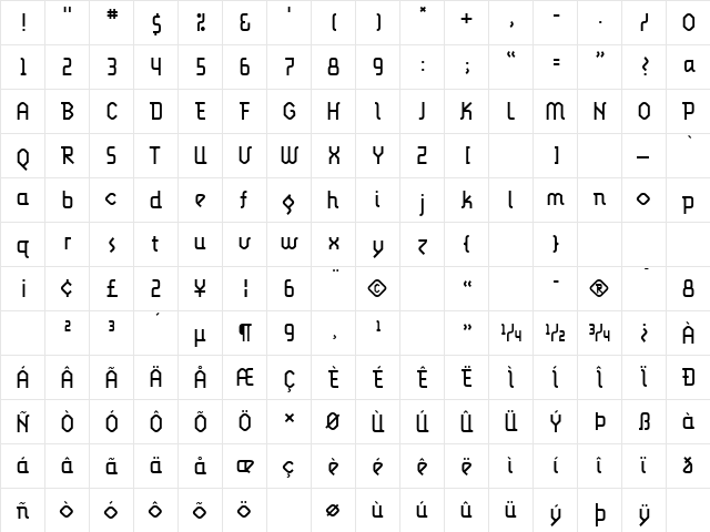 LunatixLight Regular  glyph index