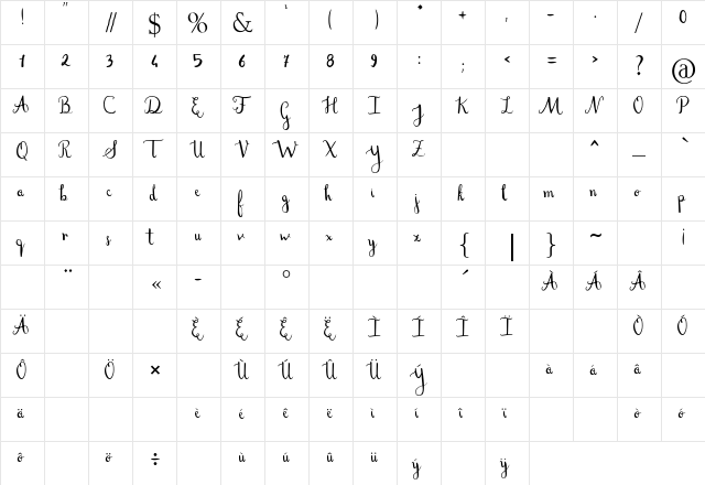 Stefania Regular  glyph index