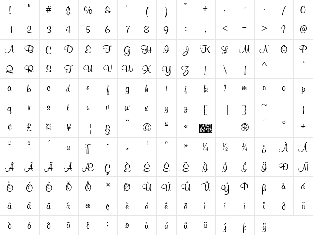 Murphy Script Regular  glyph index