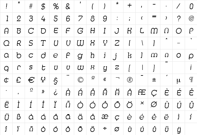 MexicoSerial-Light Italic  glyph index