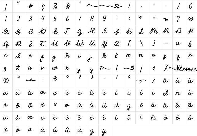 Loverine Regular  glyph index