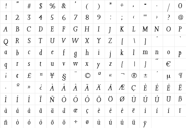 Jessica-LightIta Regular  glyph index