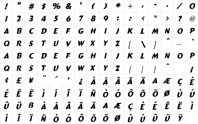 Cartoon Slant Bold  glyph index