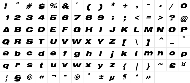 HeliosExtBlackC Italic  glyph index
