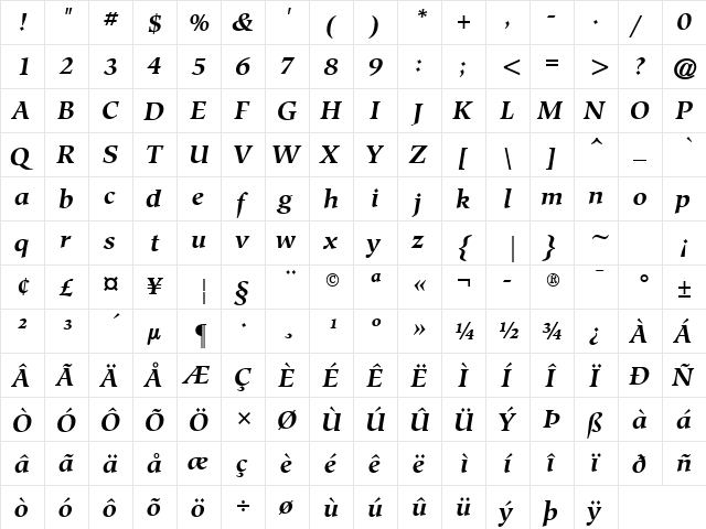 Hiroshige ATT Bold Italic  glyph index